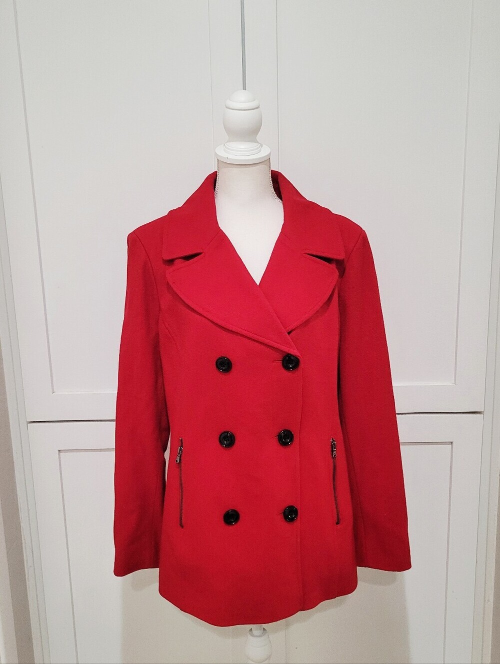 Black Rivet Red Double-Breasted Wool Blend Red Winter Peacoat | Size XL